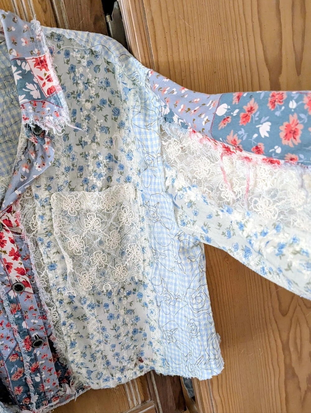 POL Patchwork Floral Button-Down Shirt in Blue, White, Red - Picture 3 of 3